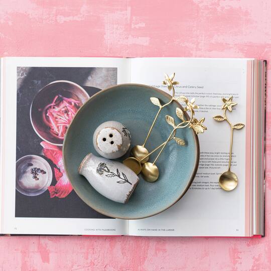 Hello Honey® 5.5" Stainless Steel & Brass Spoons with Flower Handles & Drawstring Bag
